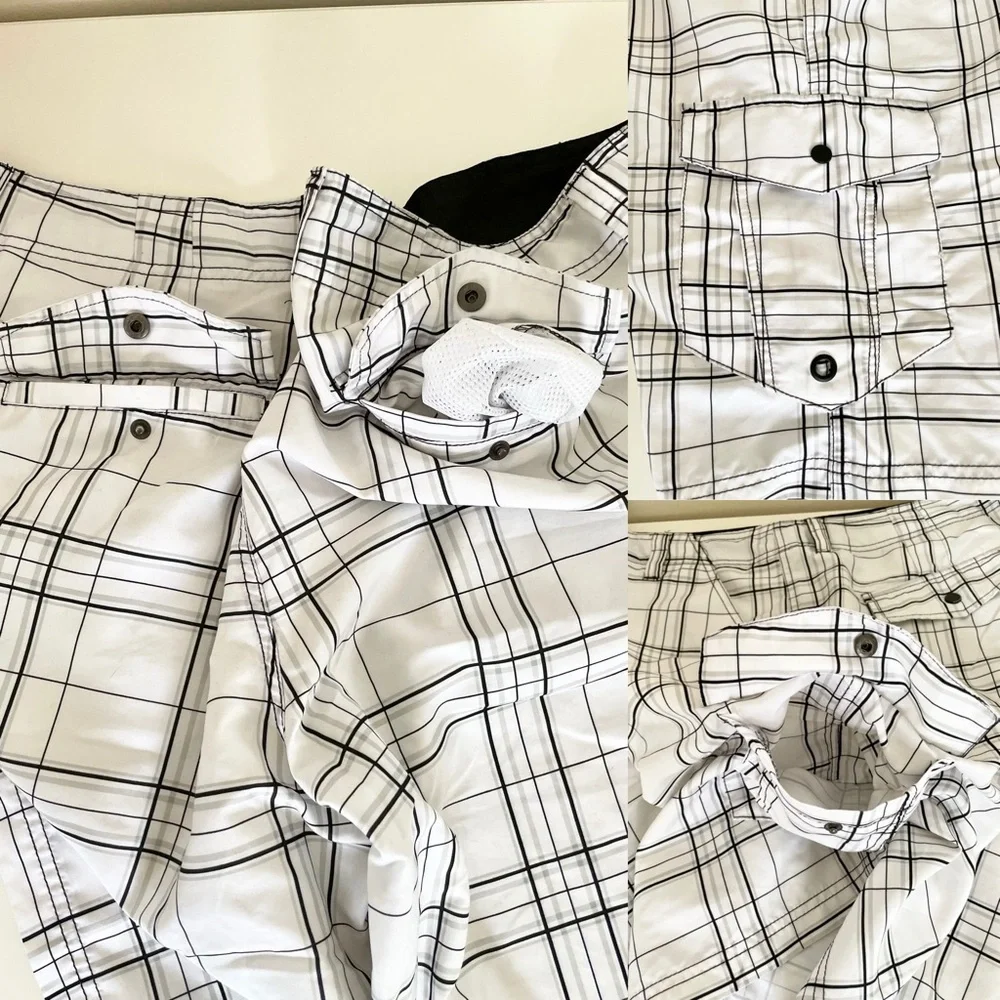 Carbon White and Black Plaid Relaxed Cargo Shorts Men’s 38